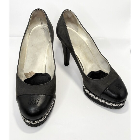 Chanel Black Platform Pumps w/ White Chain Detail Black Suede Cap Toe Heels 36 6 - Picture 4 of 15
